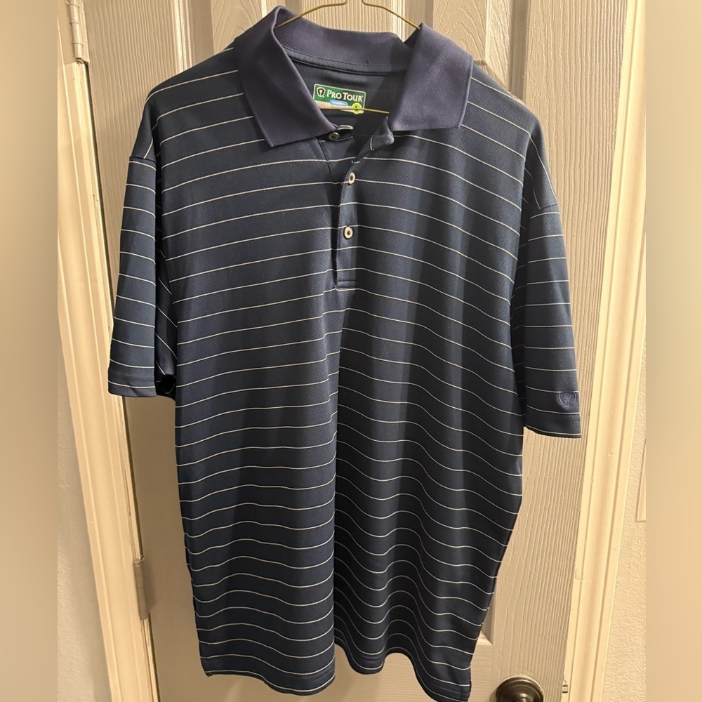 Men’s Pro Tour Cool Play blue shirt with white stripes Size Large